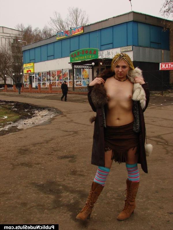 15P Perky blonde displays her goodies walking in public only in overcoat