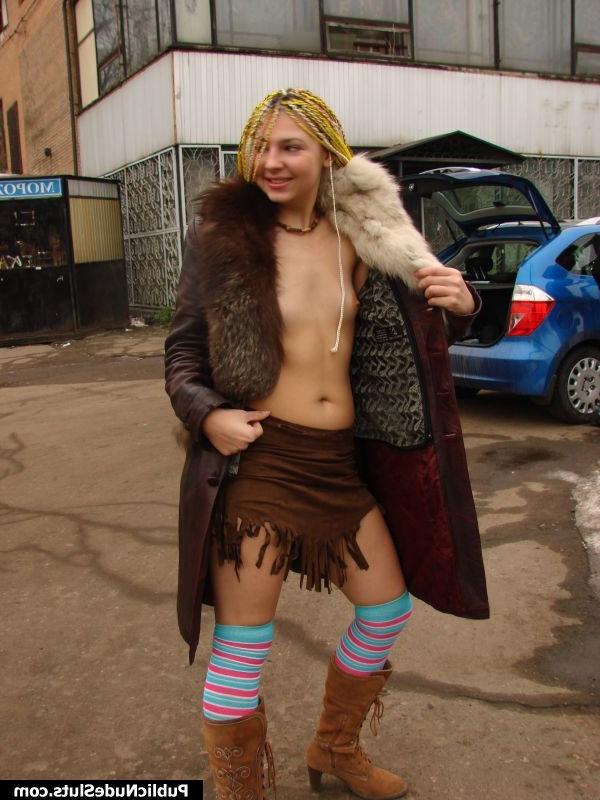 15P Perky blonde displays her goodies walking in public only in overcoat