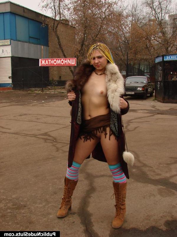 15P Perky blonde displays her goodies walking in public only in overcoat