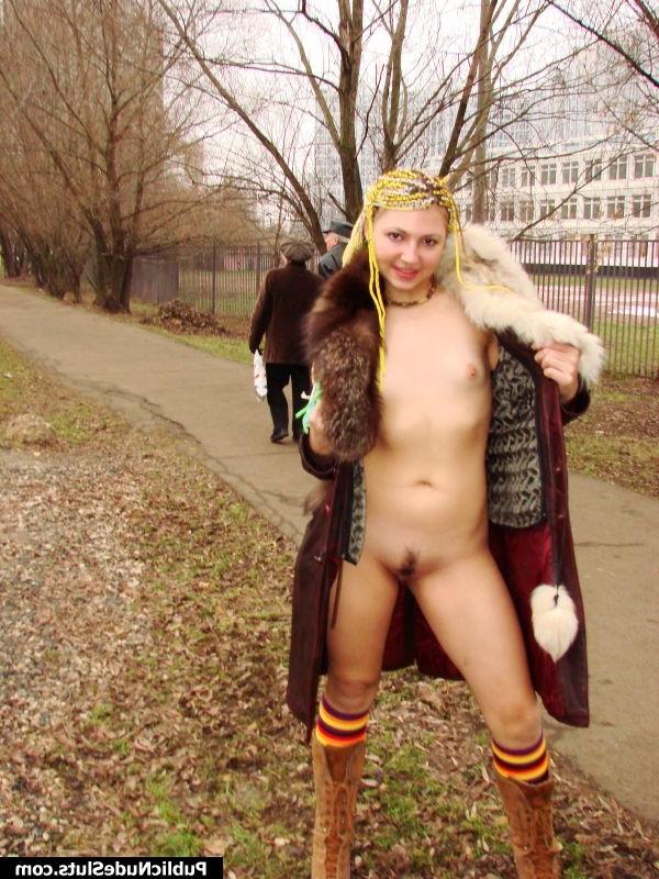 15P Perky blonde displays her goodies walking in public only in overcoat