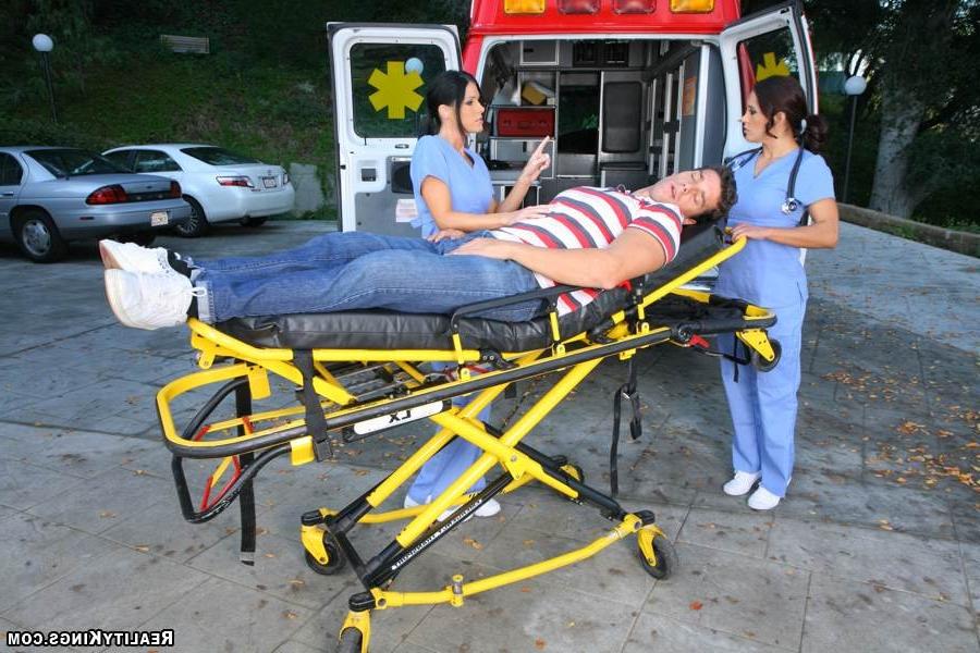 9P 2 hot mini skirt ambulance babes take care of a drunken man in the back of the a