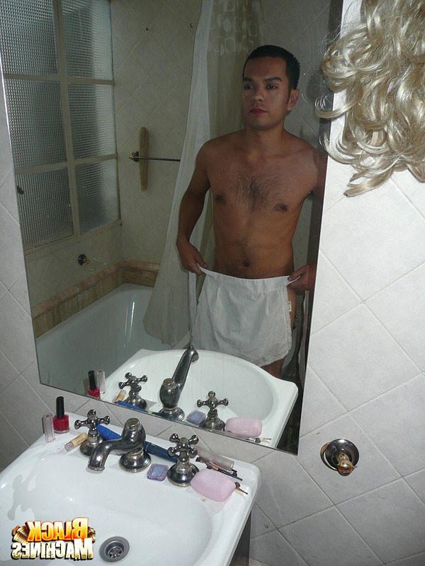 16P White boy in blond wig and sexy apron gets triple-teamed and sucks cum out of bi