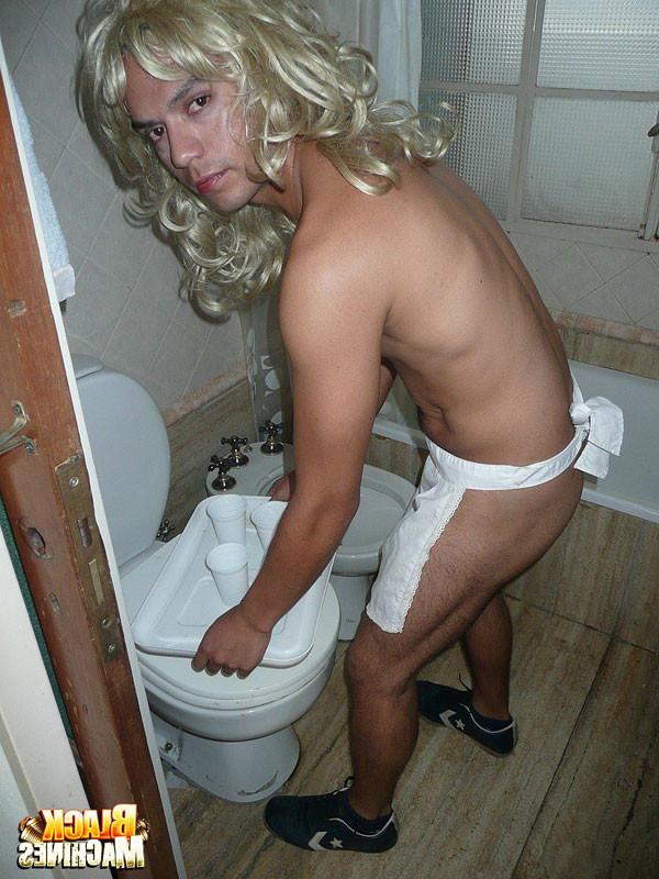 16P White boy in blond wig and sexy apron gets triple-teamed and sucks cum out of bi