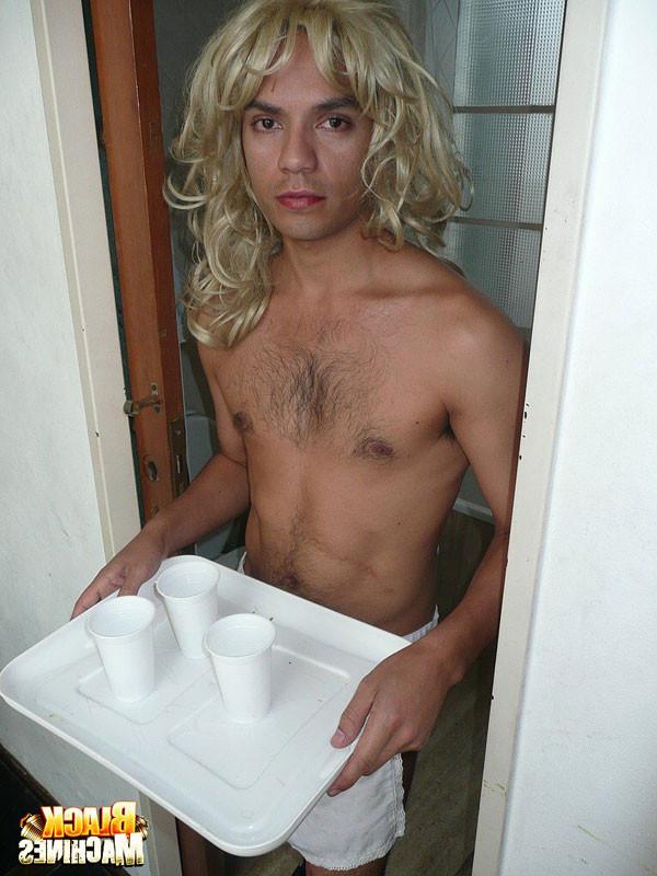 16P White guy in sexy wig serving drinks to hung black studs and getting tipped with