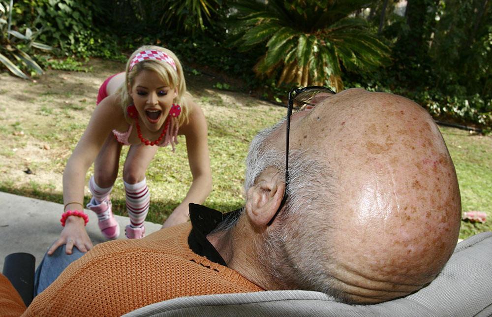 15P This blonde nympho insisted on fucking the bald old neighbor