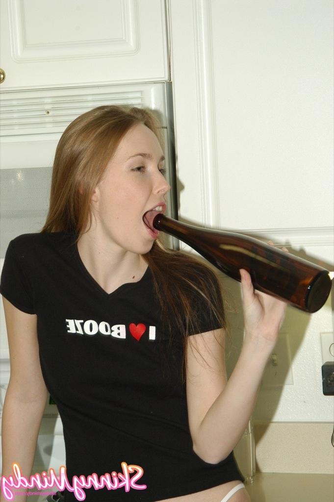 16P Skinny teen girl with nipple stickers likes booze