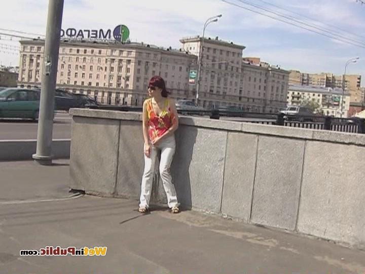 12P Totally pee-soaked jeans and shaven pussy of an ablush public pisser