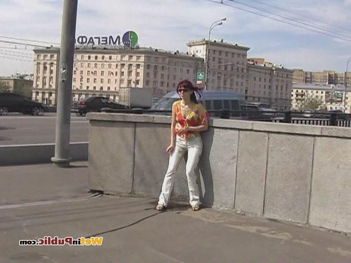 12P Totally pee-soaked jeans and shaven pussy of an ablush public pisser