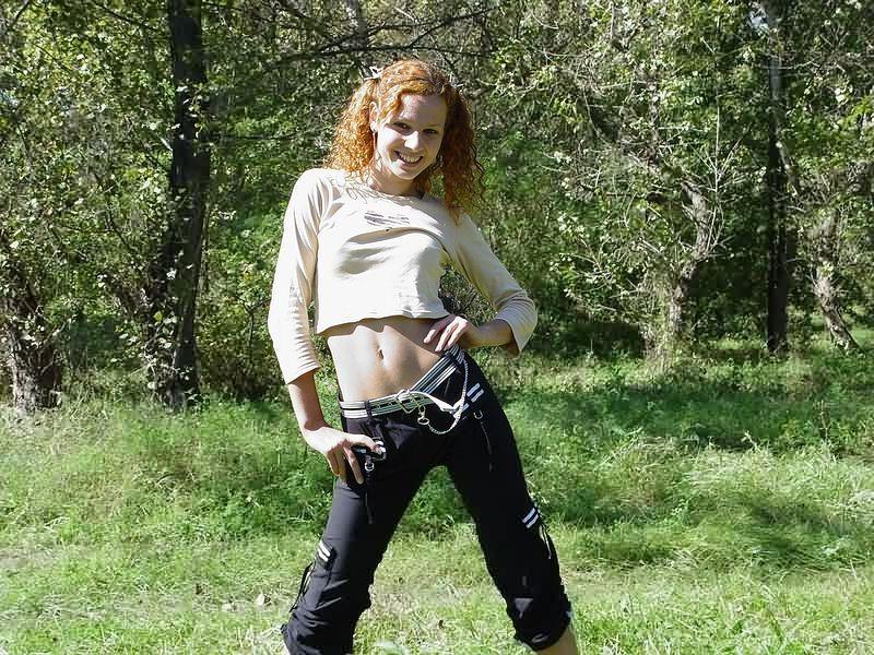 16P Cute tight bodied pointy tits redhead stripping naked outdoors