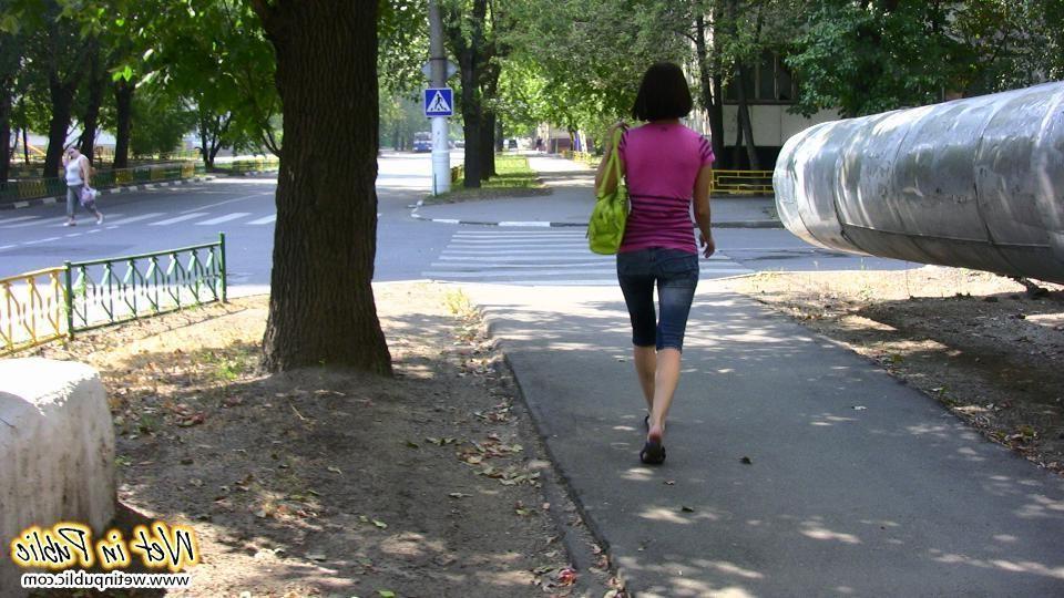 12P Hot chick has to change on the street after wetting her jeans breeches