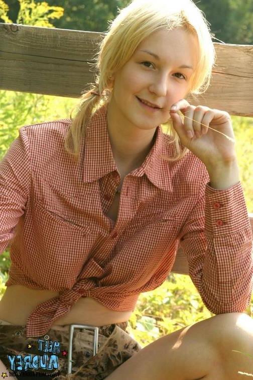 16P Lovely blonde cowgirl Audrey showing her natural boobs outdoors