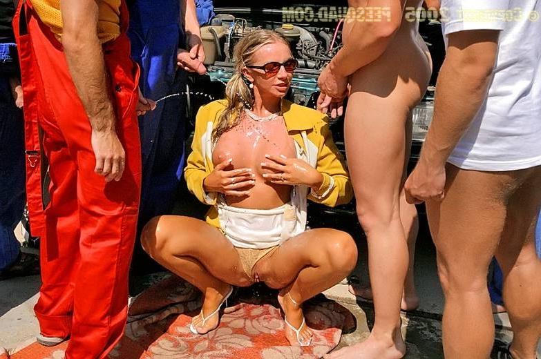 19P A classy blonde lady gets gangbanged bukkaked and pissed on