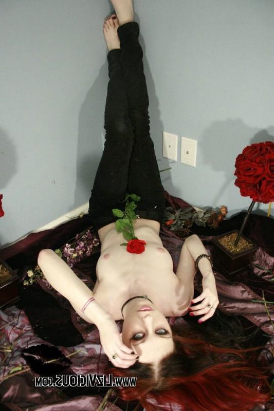 16P Pale Goth Beauty Caressing Her Body With a Blood Red Rose