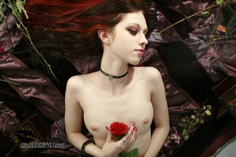16P Pale Goth Beauty Caressing Her Body With a Blood Red Rose