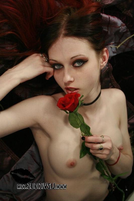 16P Pale Goth Beauty Caressing Her Body With a Blood Red Rose