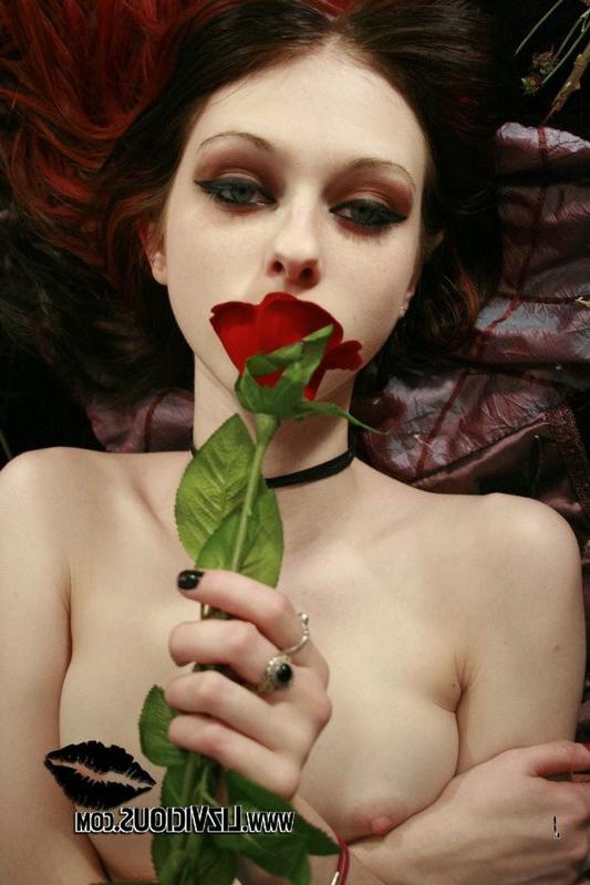 16P Pale Goth Beauty Caressing Her Body With a Blood Red Rose
