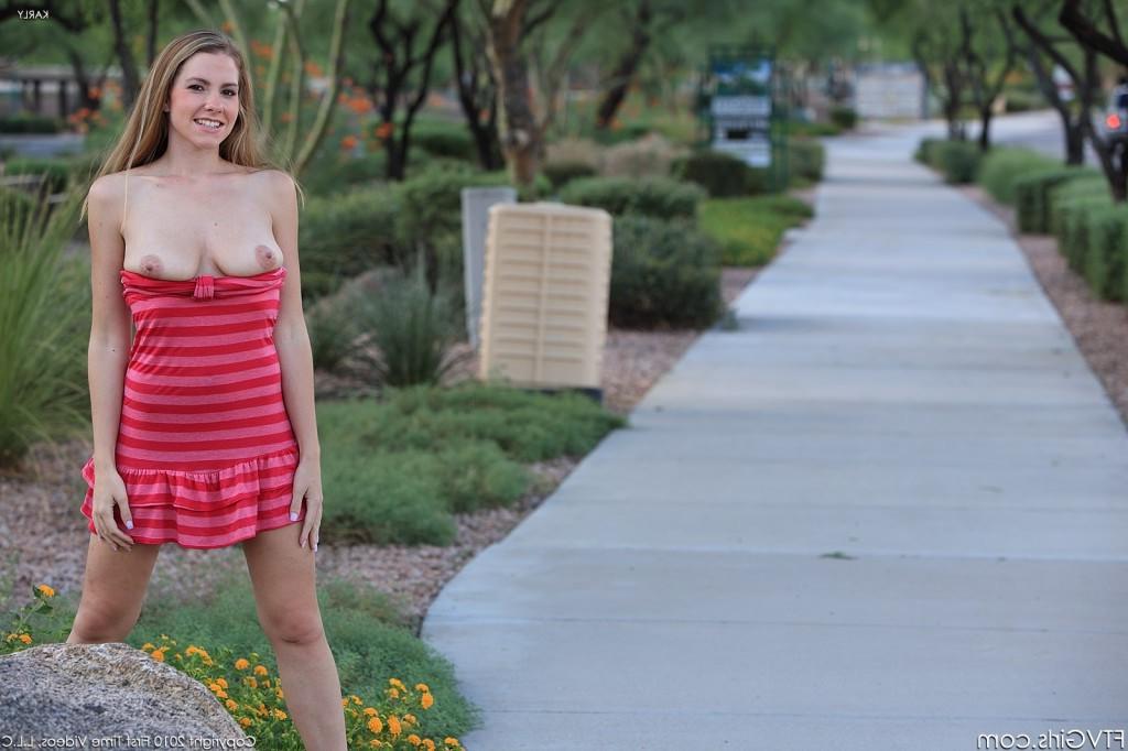 16P Busty blonde showing her round tits and pink pussy in public