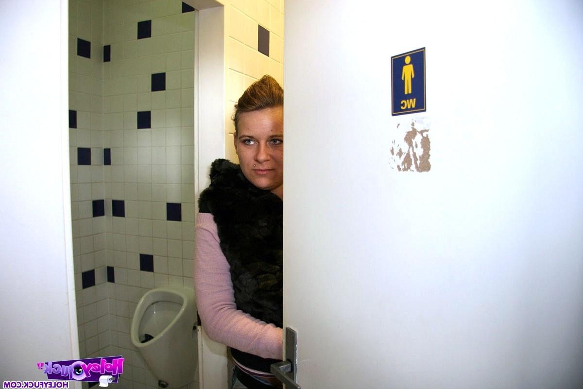6P Filthy slut loves to suck gloryhole cock in public toilet