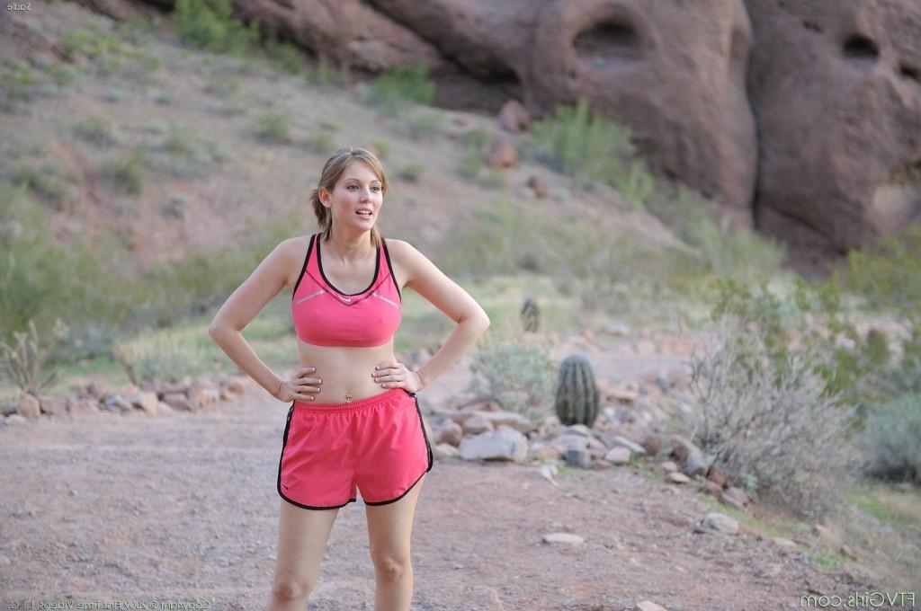 18P Awesome blonde teen girl jogging and showing her boobs in public