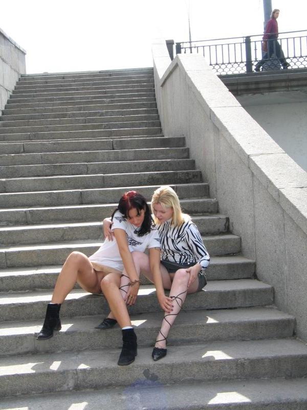 16P Two girls having nude fun in public