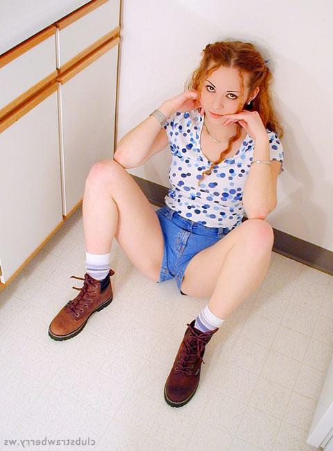 16P Redhead teen in short jeans strips naked