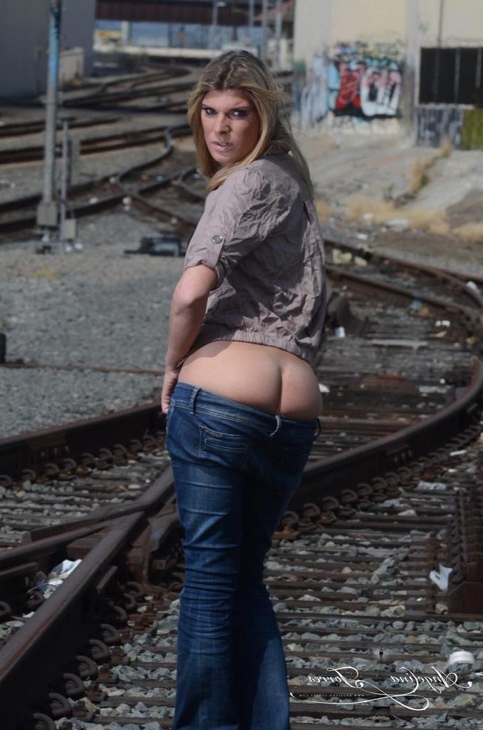 12P Hot Angelina teasing at the train tracks