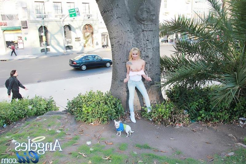 12P Gorgeous shemale posing outdoors and exposing her tits in public