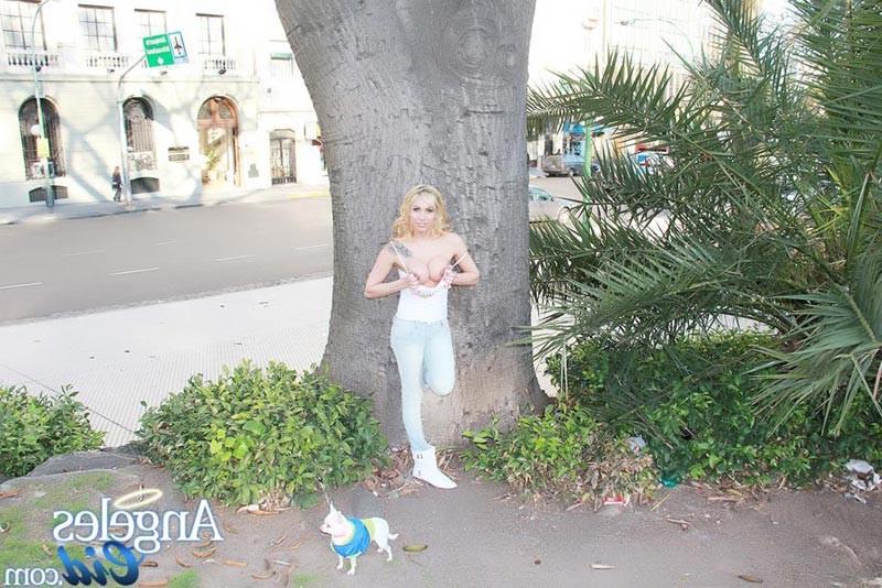 12P Gorgeous shemale posing outdoors and exposing her tits in public