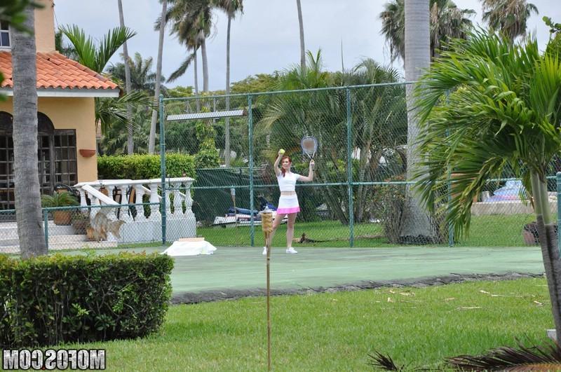 16P Redhead teen sucks and rides a big wiener on the tennis court