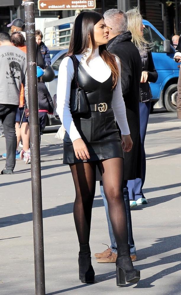 25P hot lady in black leather skirt and black pantyhose