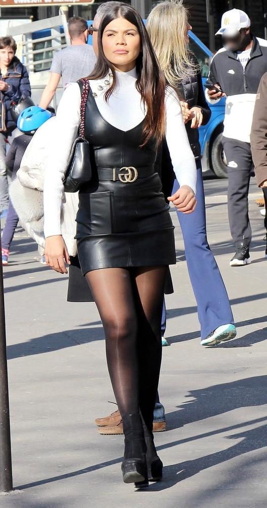 25P hot lady in black leather skirt and black pantyhose