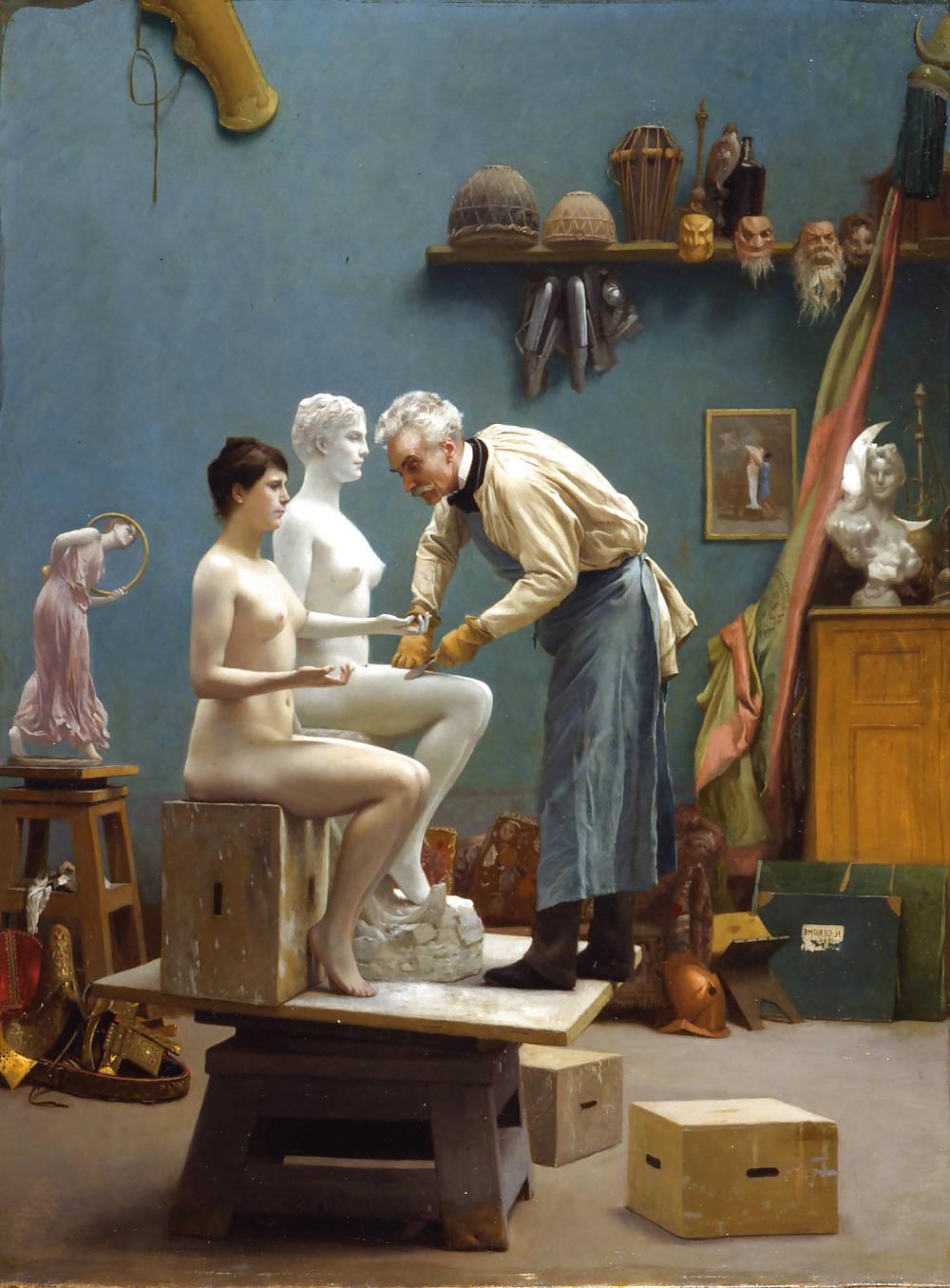 12P Paintings with clothed male and nude female (CMNF)