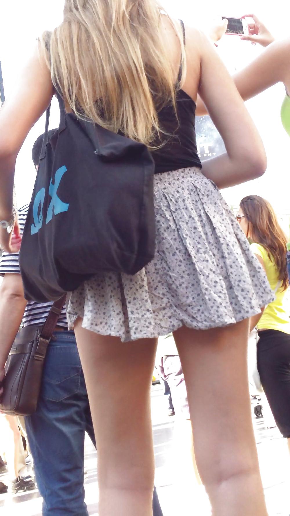 25P French teen flashing her butt & ass in sexy short skirt