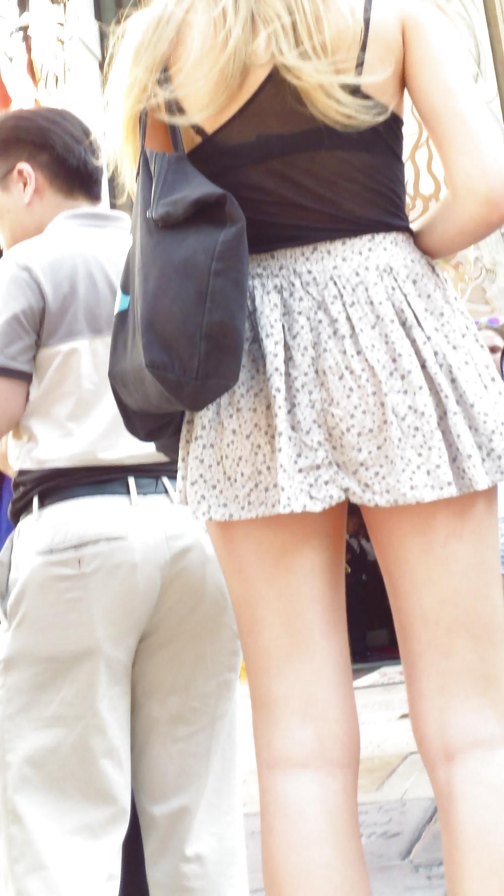 25P French teen flashing her butt & ass in sexy short skirt
