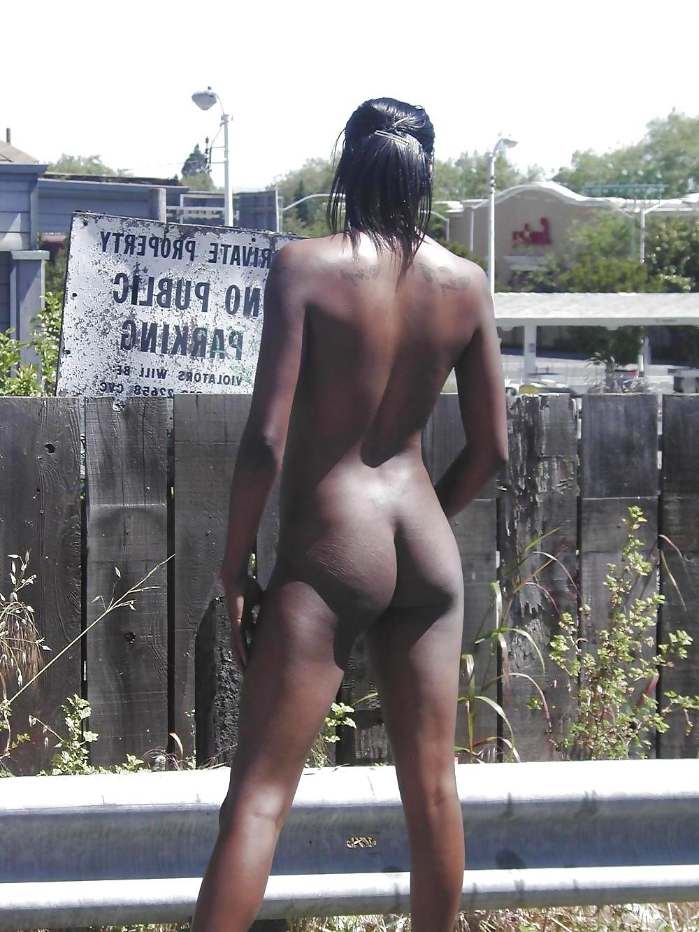16P Ebony cutie posing nude outside and in public