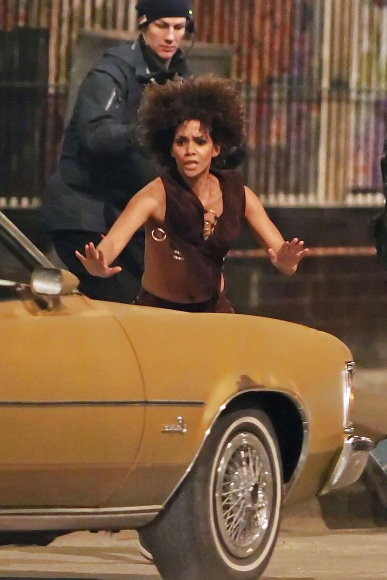 14P Halle Berry topless filming a scene for a movie