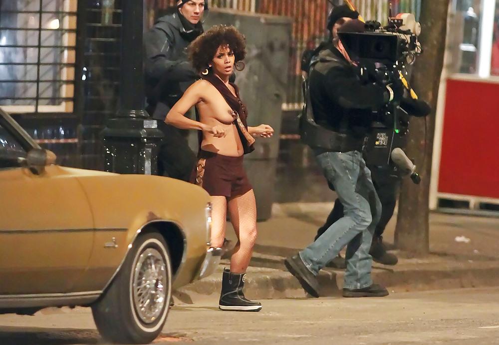 14P Halle Berry topless filming a scene for a movie