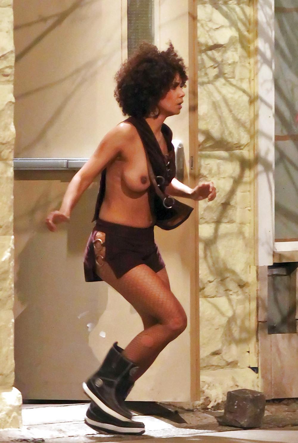 14P Halle Berry topless filming a scene for a movie
