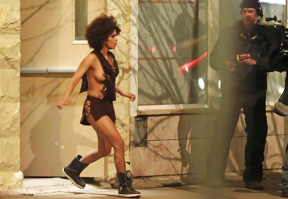 14P Halle Berry topless filming a scene for a movie