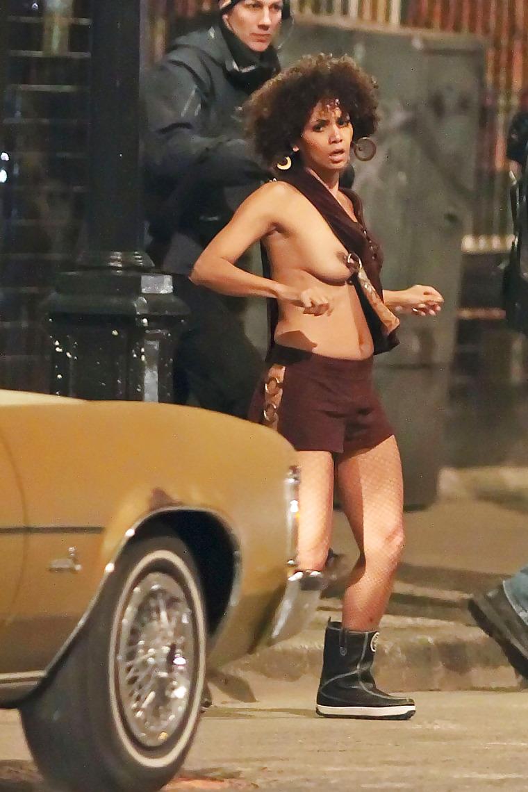 14P Halle Berry topless filming a scene for a movie