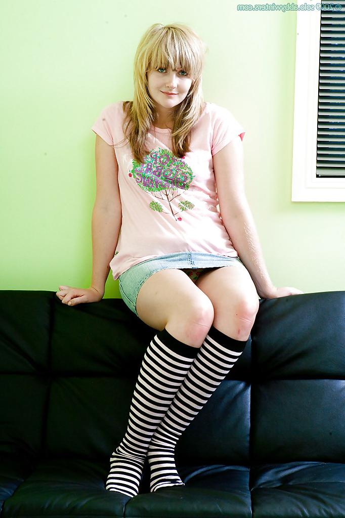 16P Young blond in knee high socks flashes panties in sexy upskirt close ups
