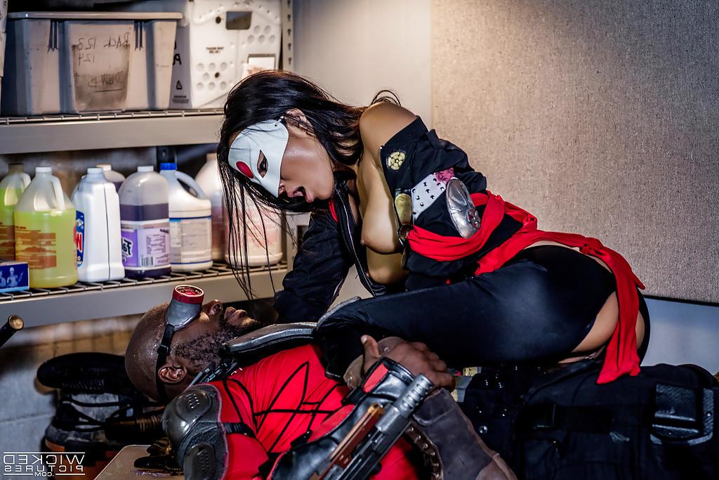 16P Masked Asian chick Asa Akira getting fucked by black dude in biker gear