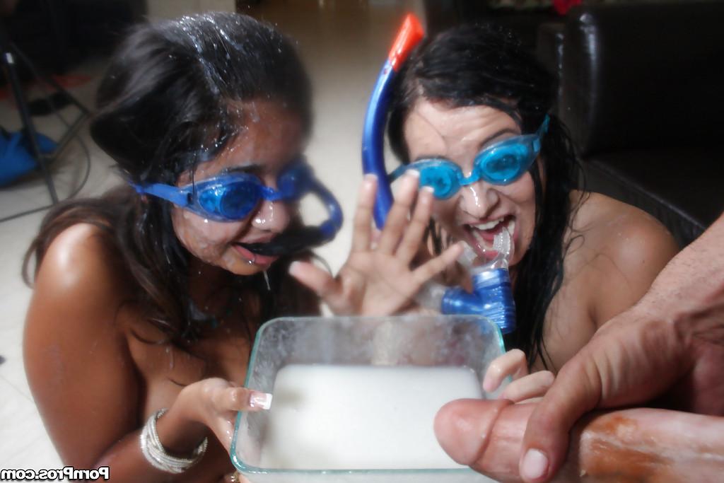 16P Latina teen babes Ashli and Ruby share a big dick cumming with bukkake