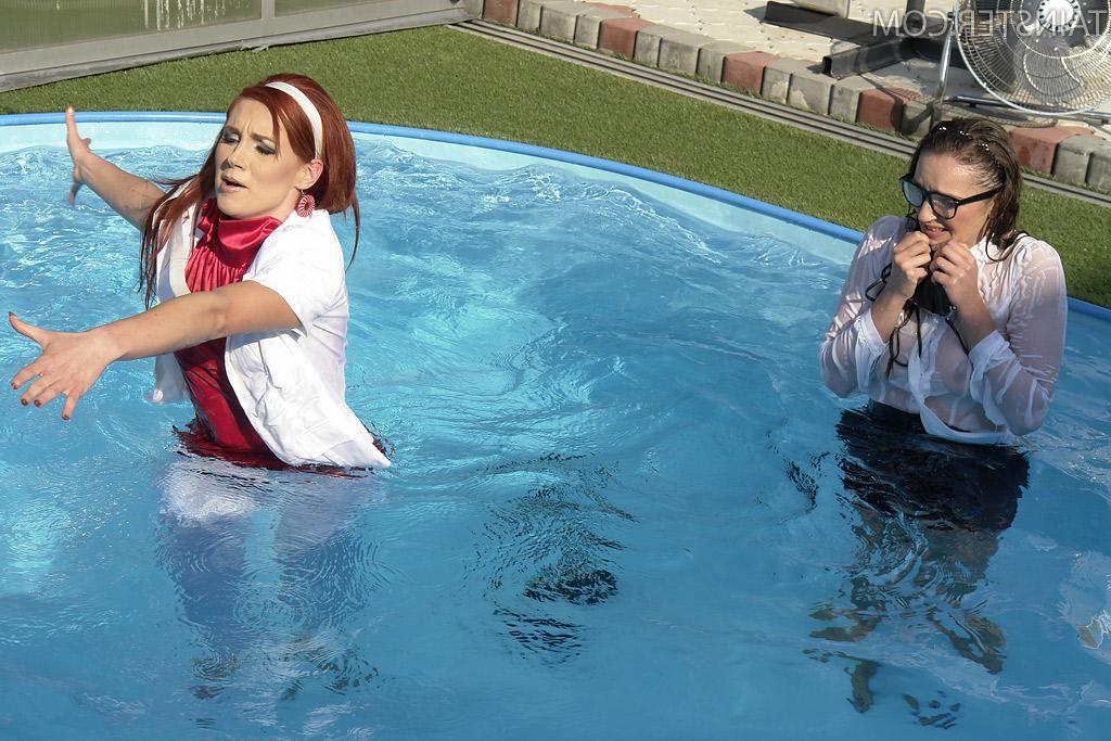 16P Naughty fetish vixens have some wet fully clothed fun in the pool