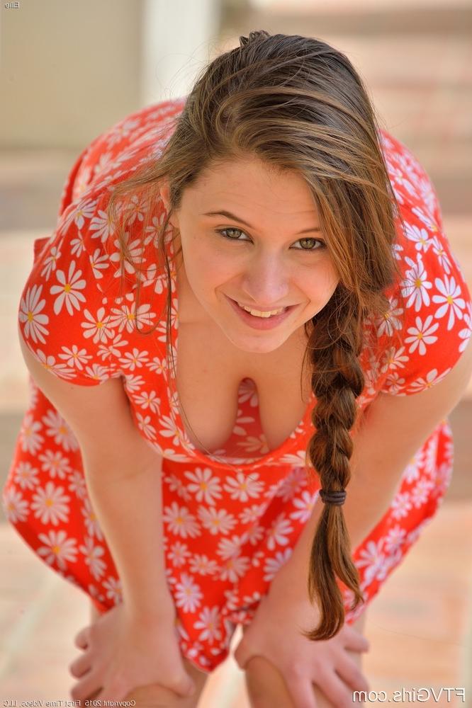 15P Frisky young girl with braided hair letting ripe tits and twat free outside