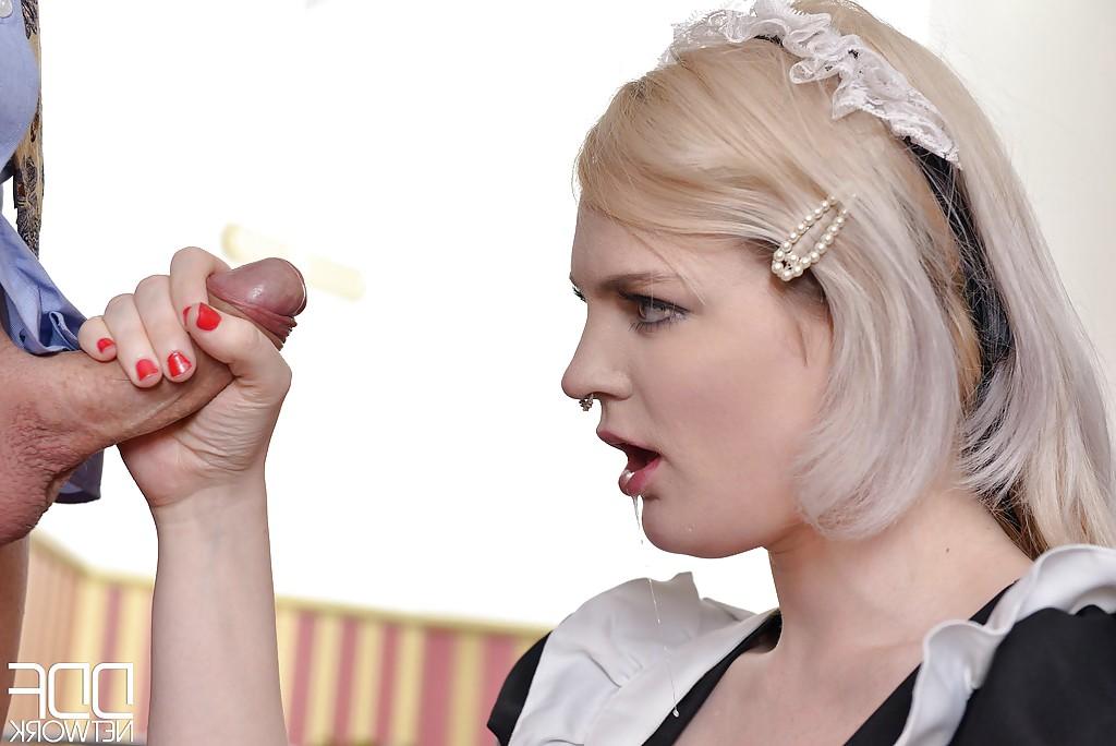 16P Blonde Euro maid Carly Rae taking rough face fucking in hardcore MMF 3some