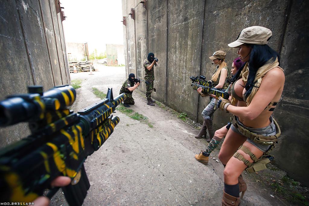 12P 3 MILFs in military clothing suck off huge cock together and swap cum