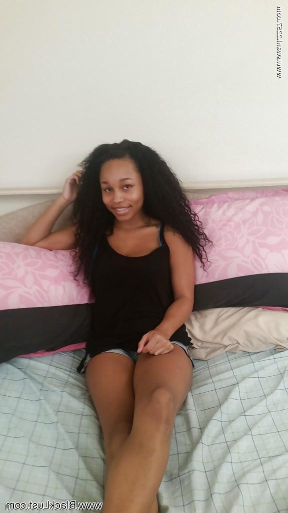 16P Young black teen Alana baring all natural black tits giving handjob
