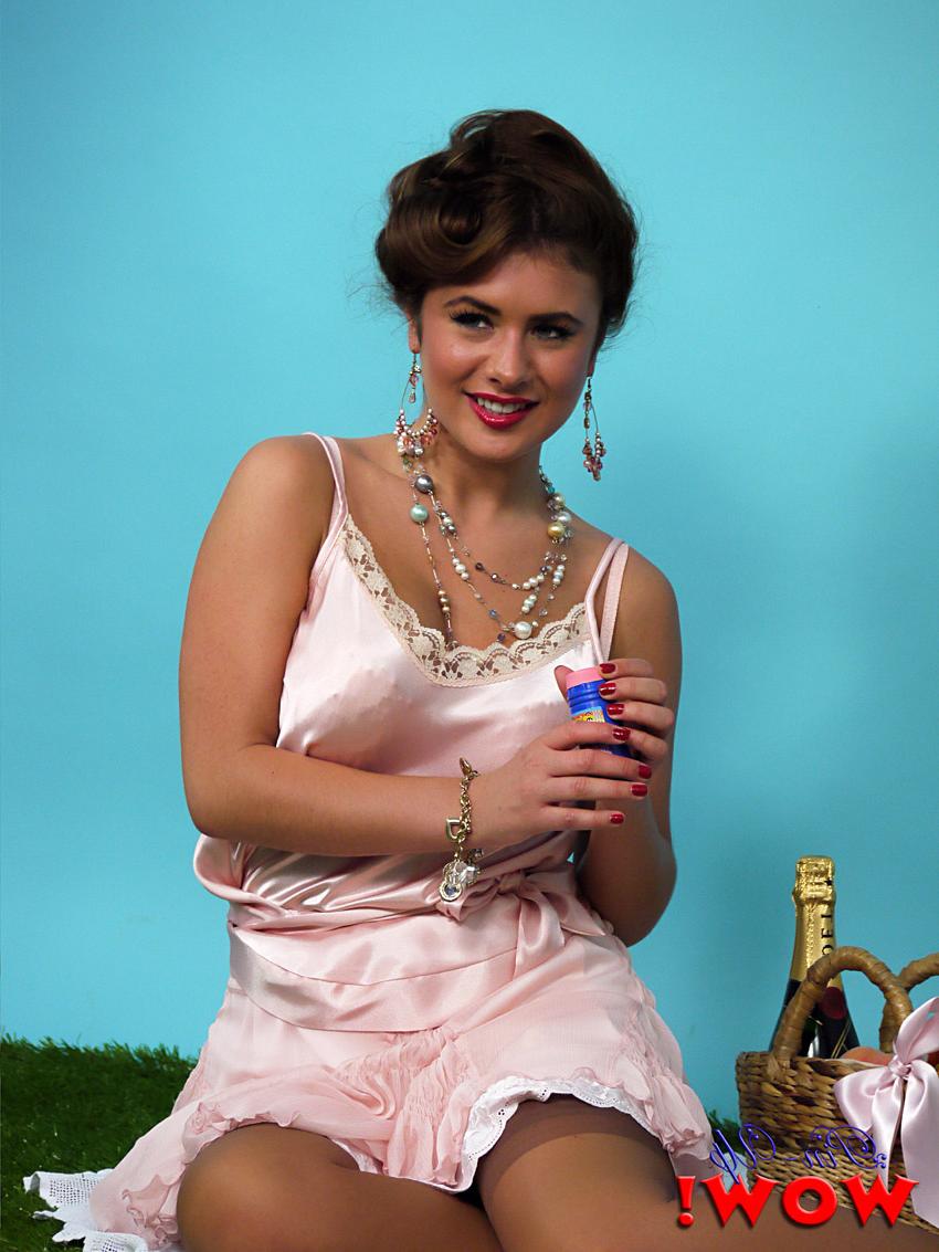 17P Retro pinup model Kelly Hall stripping lace lingerie to bare perky tits
