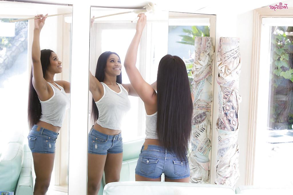 16P Clothed ebony babe Jenna Fox unveiling big teen pornstar tits in shorts